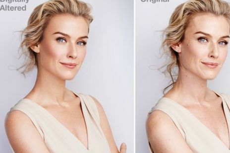 Zdjęcie kobiety przed i po retuszu w Photoshopie