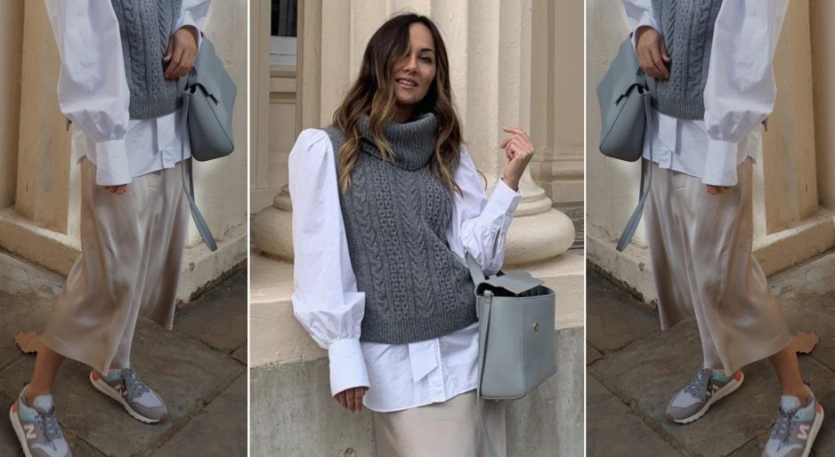 Stylówka z Instagrama - wełniana kamizelka, biała koszula i satynowa spódnica