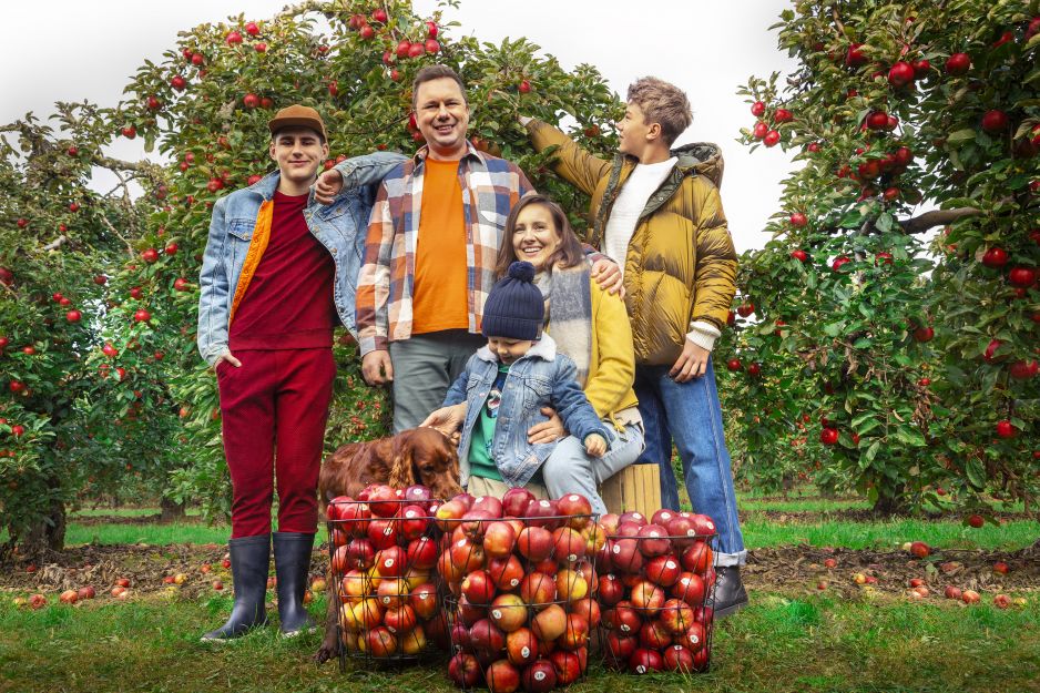 Rodzina w sadzie przy zbiorze jabłek