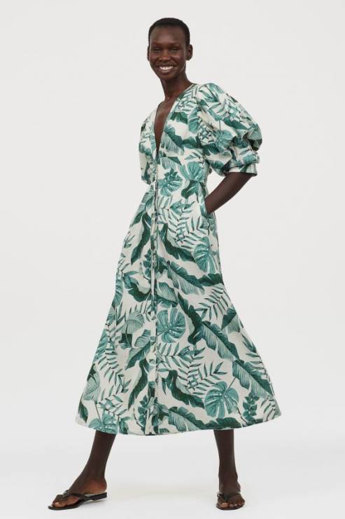 H&M sukienka w miętowe wzory z bufkami z domieszką lnu