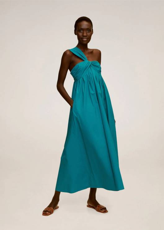 Sukienka Mango na lato 2020 - asymetryczna sukienka z popeliny wiązana na szyi